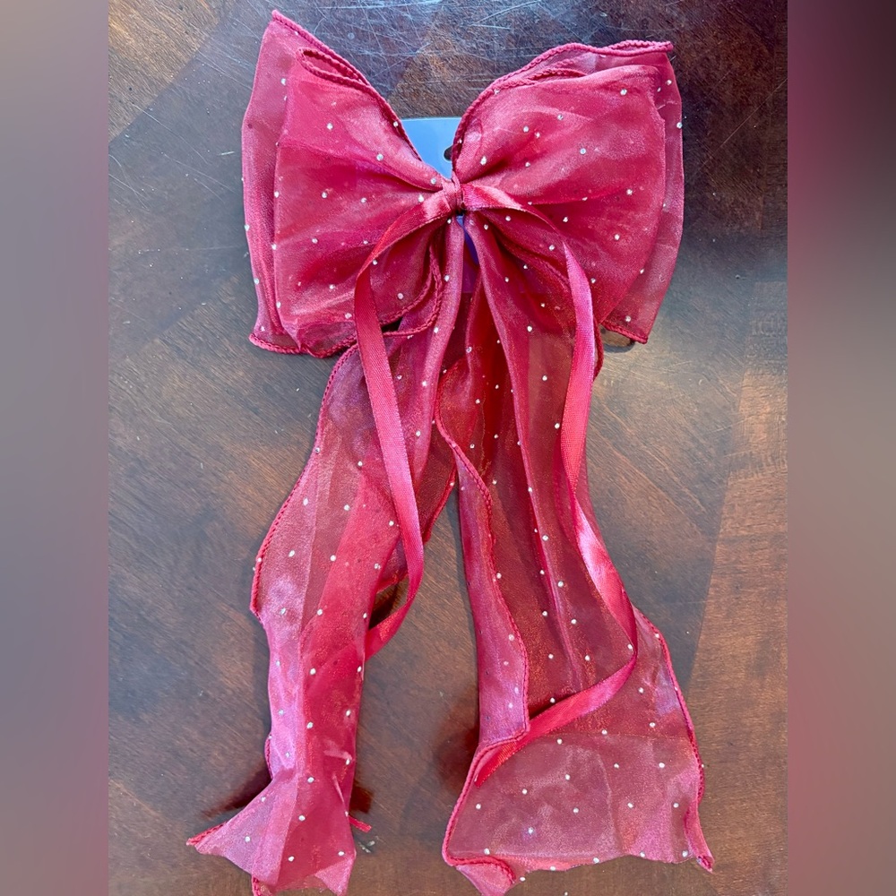 NWT, Sheer Satin Rhinestone Hair Bow, Deep Red, 13 in Long